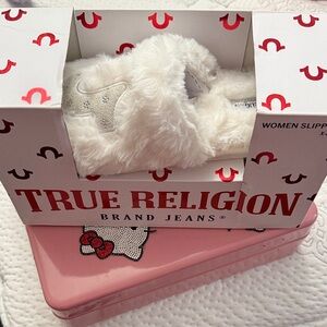 True Religion Cream Furry Slippers